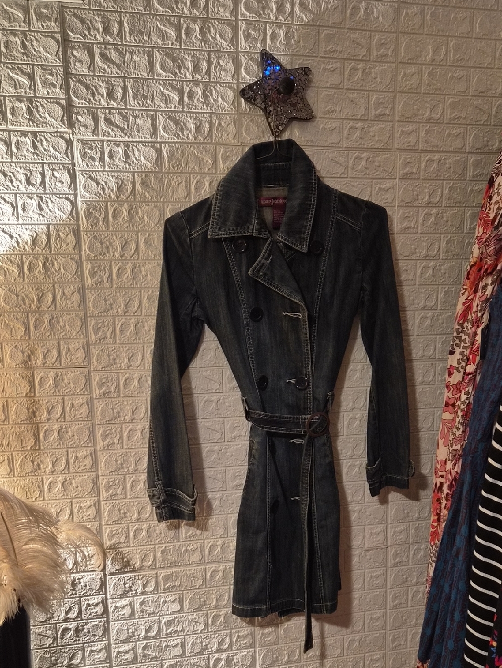 Juniors belted long jean jacket